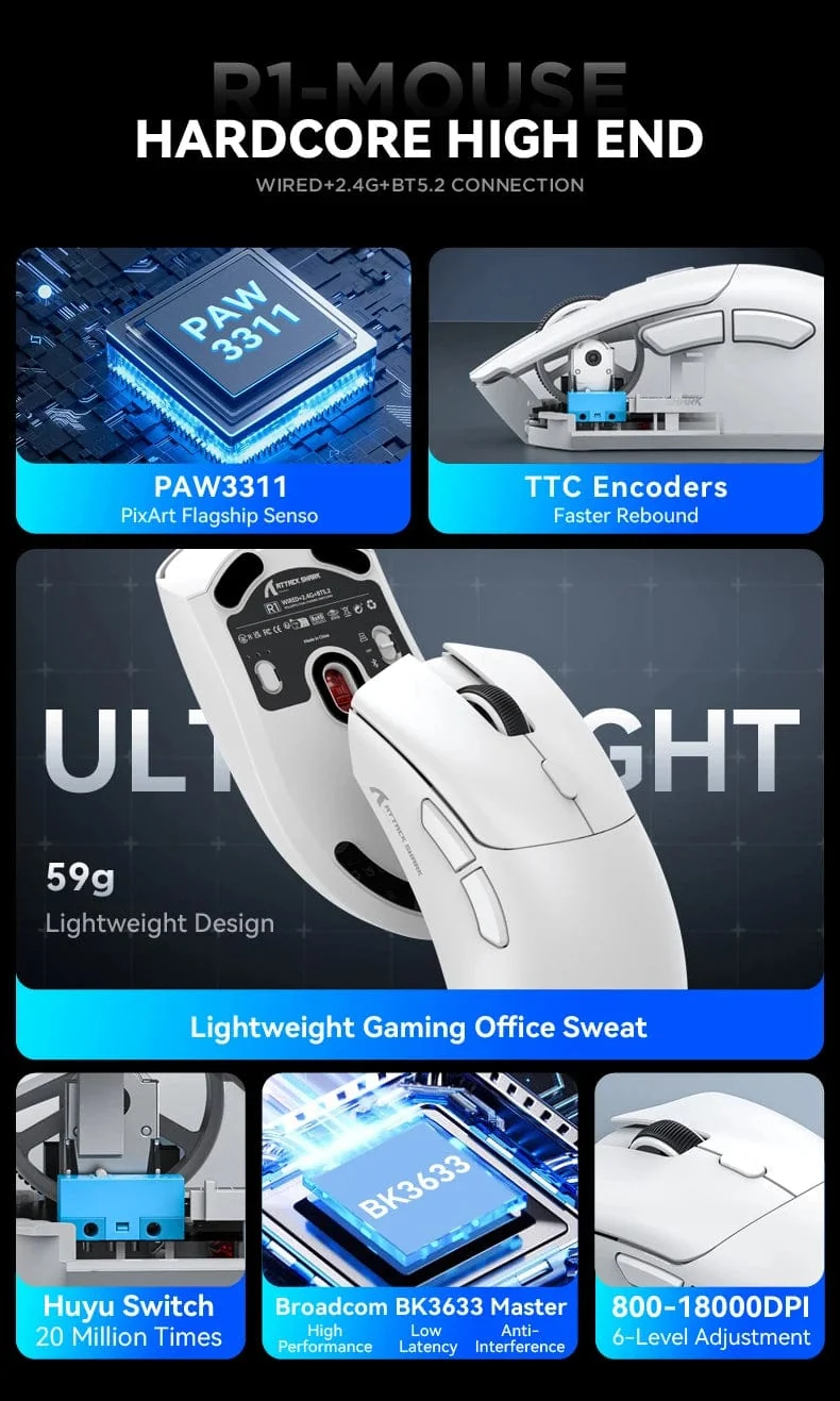 Attack Shark R1 18000dpi Kabellose Maus, 1000Hz, Tri-Mode-Verbindung, PAW3311, Makro-Gaming-Maus