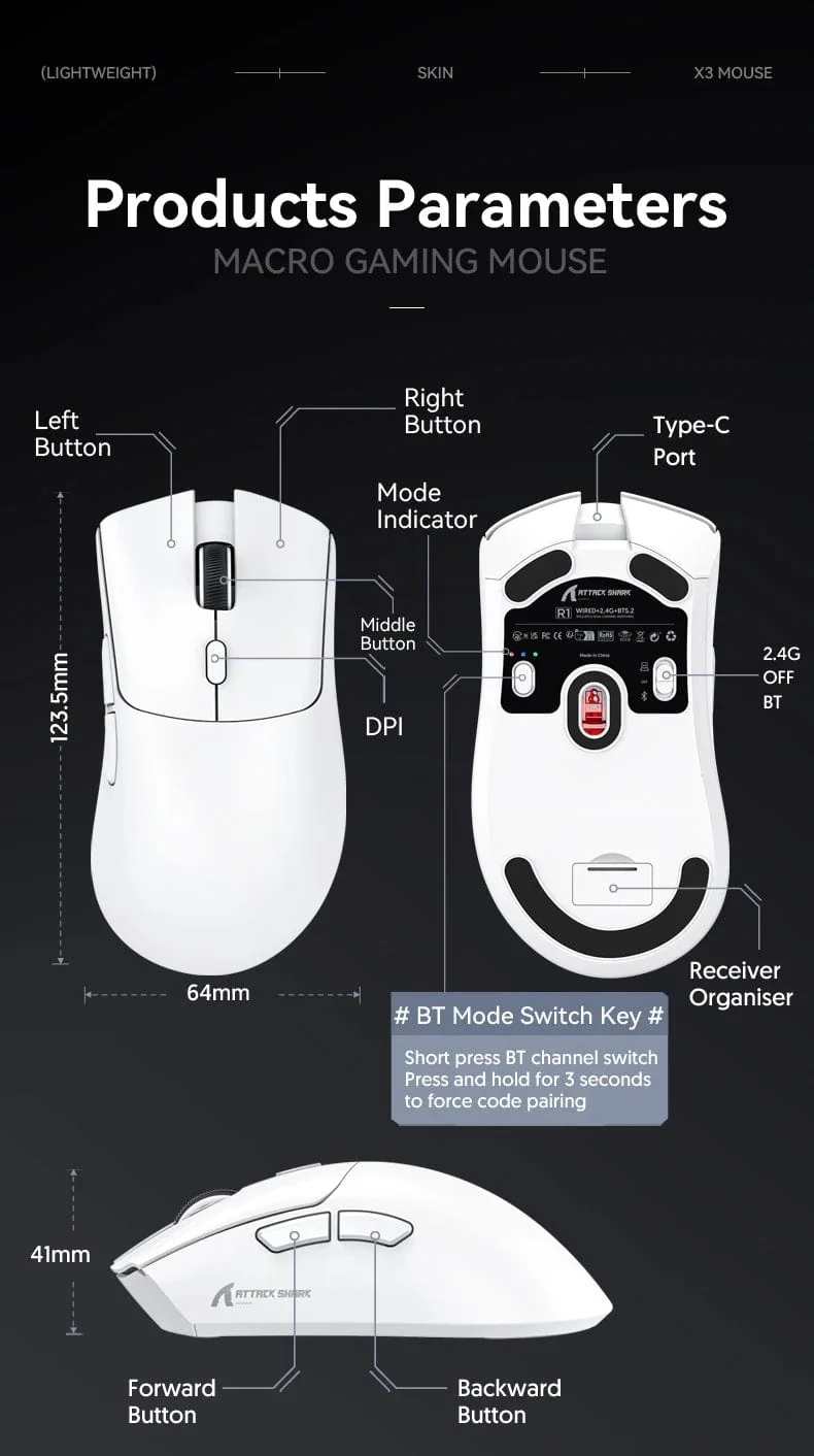 Attack Shark R1 18000dpi Kabellose Maus, 1000Hz, Tri-Mode-Verbindung, PAW3311, Makro-Gaming-Maus