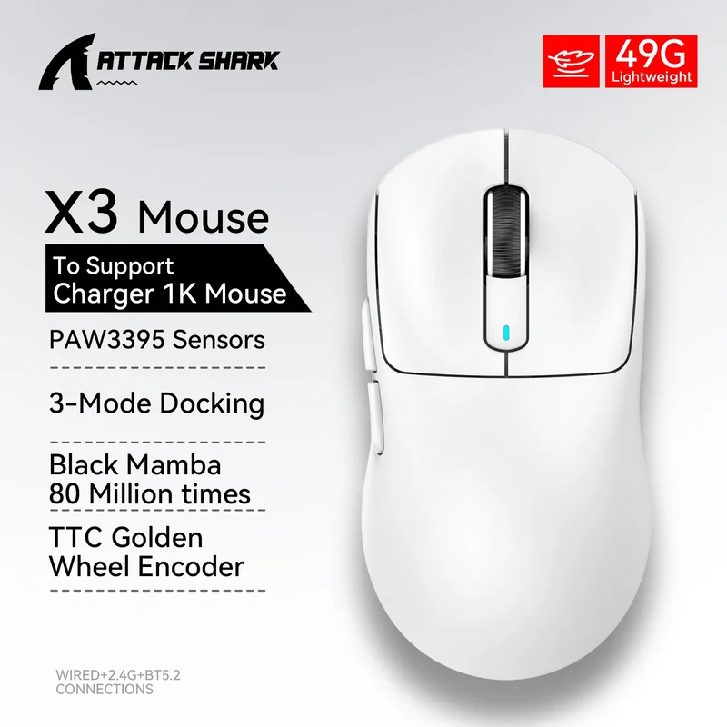 Attack Shark X3 Bluetooth-Maus, PixArt PAW3395, Tri-Mode-Verbindung, kabelgebunden 8 kHz/kabellos 4 kHz, Makro-Gaming-Maus
