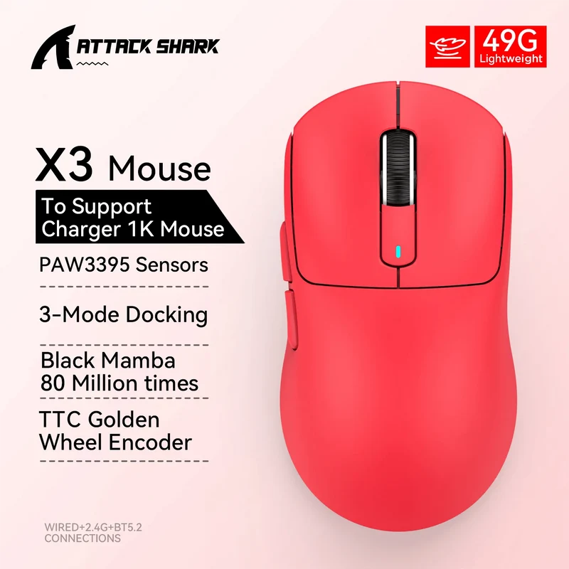 Attack Shark X3 Bluetooth-Maus, PixArt PAW3395, Tri-Mode-Verbindung, kabelgebunden 8 kHz/kabellos 4 kHz, Makro-Gaming-Maus