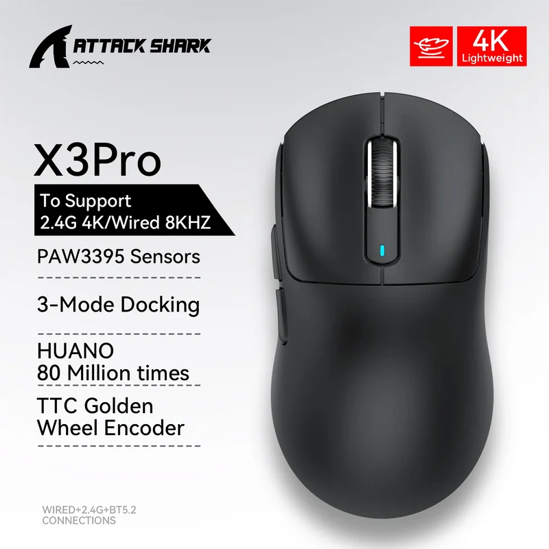 Attack Shark X3 Bluetooth-Maus, PixArt PAW3395, Tri-Mode-Verbindung, kabelgebunden 8 kHz/kabellos 4 kHz, Makro-Gaming-Maus