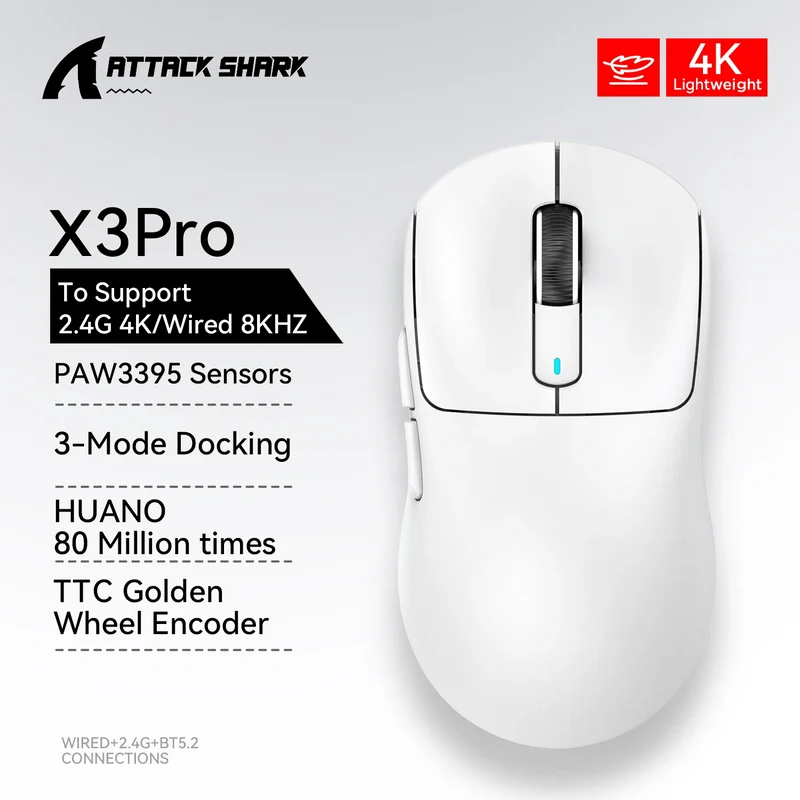 Attack Shark X3 Bluetooth-Maus, PixArt PAW3395, Tri-Mode-Verbindung, kabelgebunden 8 kHz/kabellos 4 kHz, Makro-Gaming-Maus