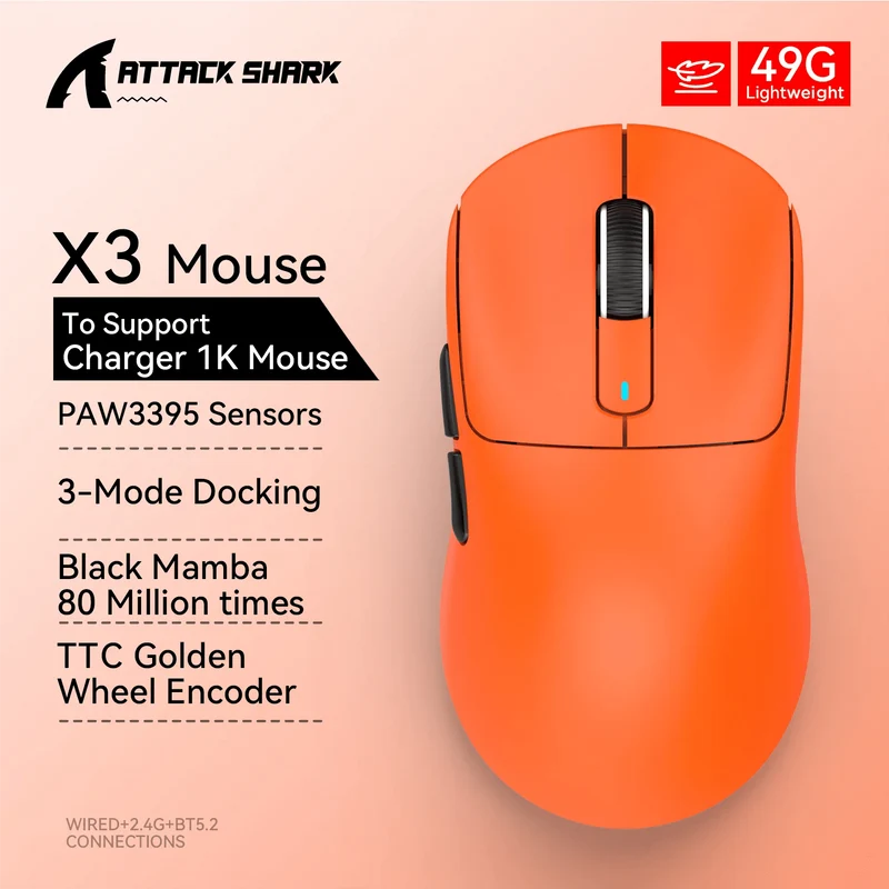 Attack Shark X3 Bluetooth-Maus, PixArt PAW3395, Tri-Mode-Verbindung, kabelgebunden 8 kHz/kabellos 4 kHz, Makro-Gaming-Maus