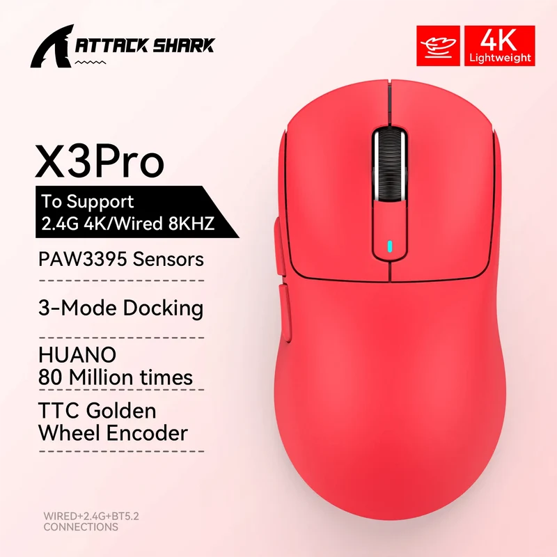 Attack Shark X3 Bluetooth-Maus, PixArt PAW3395, Tri-Mode-Verbindung, kabelgebunden 8 kHz/kabellos 4 kHz, Makro-Gaming-Maus