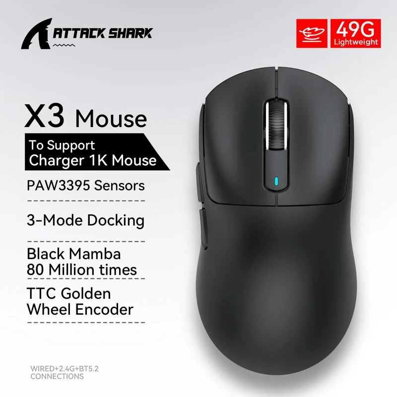 Attack Shark X3 Bluetooth-Maus, PixArt PAW3395, Tri-Mode-Verbindung, kabelgebunden 8 kHz/kabellos 4 kHz, Makro-Gaming-Maus