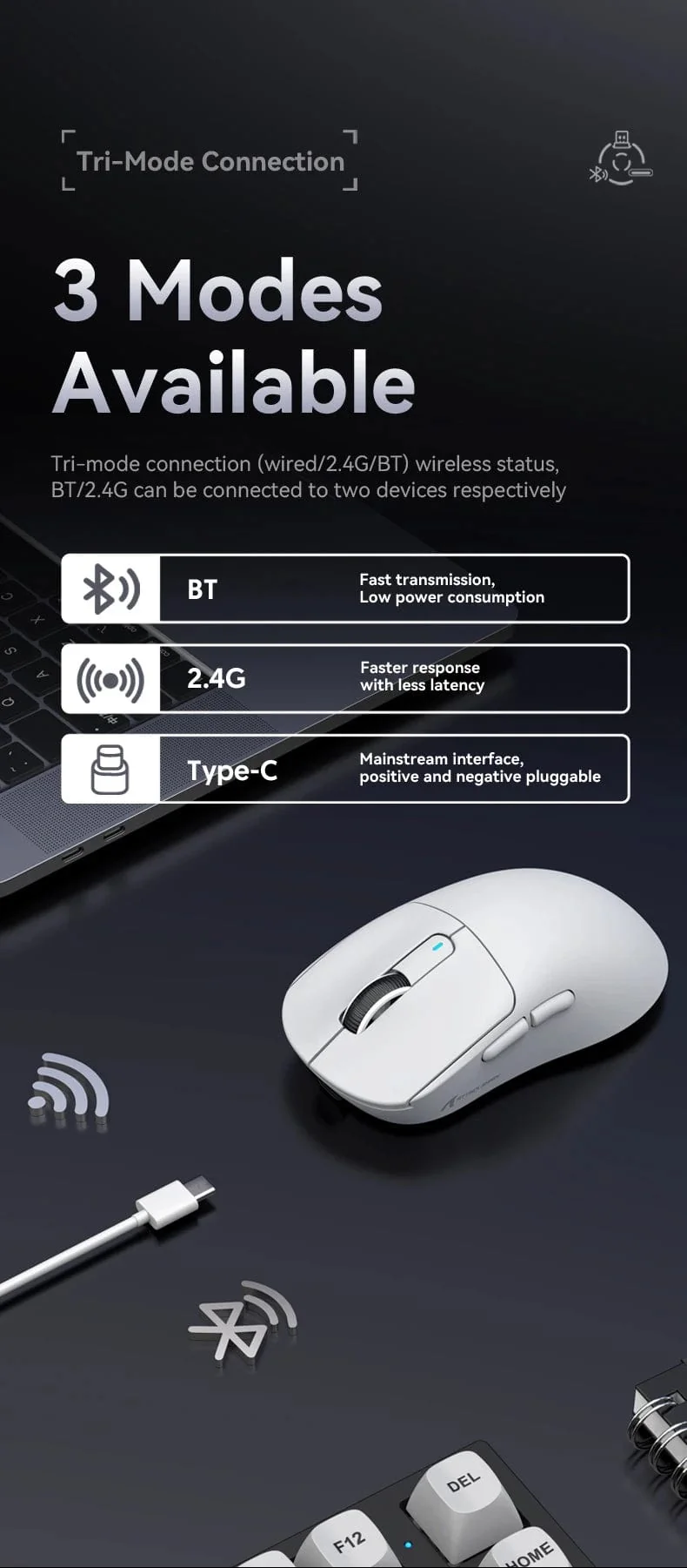 Attack Shark X3 Bluetooth-Maus, PixArt PAW3395, Tri-Mode-Verbindung, kabelgebunden 8 kHz/kabellos 4 kHz, Makro-Gaming-Maus
