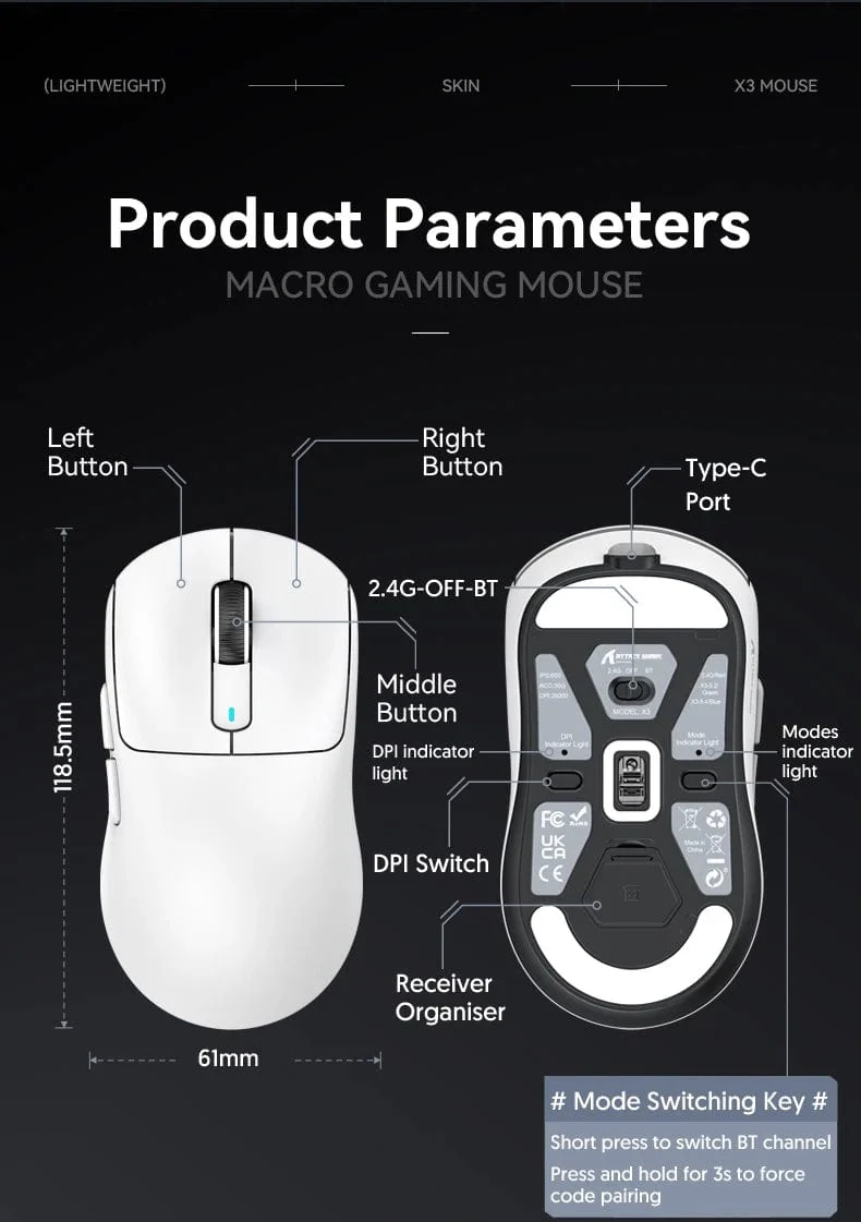 Attack Shark X3 Bluetooth-Maus, PixArt PAW3395, Tri-Mode-Verbindung, kabelgebunden 8 kHz/kabellos 4 kHz, Makro-Gaming-Maus