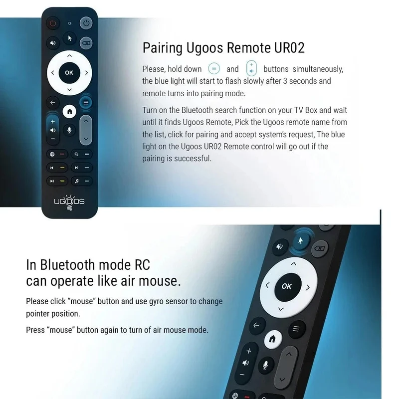 UGOOS UR02 Bluetooth BT Fernbedienung Ersatz für Ugoos TOX1 TOX3 TOX4 AM8 PRO AM6B PLUS X4 X4Q Cube Pro Extra TV Box