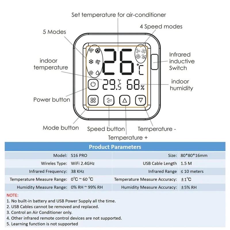 Tuya WiFi AC-Thermostat Universal-AC-Fernbedienung Smart Life Temperatur-Thremostat Eingebauter Temperatur-Feuchtigkeitssensor