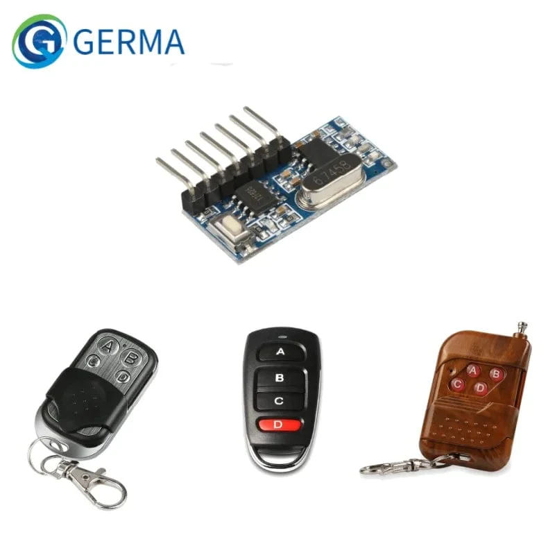 GERMA RF 433 MHz Sender 4-Tasten-Fernbedienung + Empfängermodul Feste EV1527-Dekodierung 4-Kanal-Ausgang mit Lern-DIY-Kit