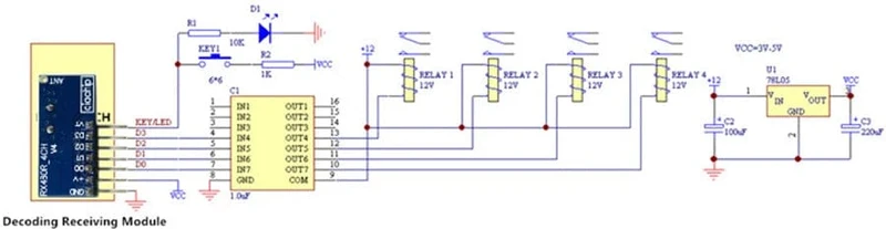 GERMA RF 433 MHz Sender 4-Tasten-Fernbedienung + Empfängermodul Feste EV1527-Dekodierung 4-Kanal-Ausgang mit Lern-DIY-Kit