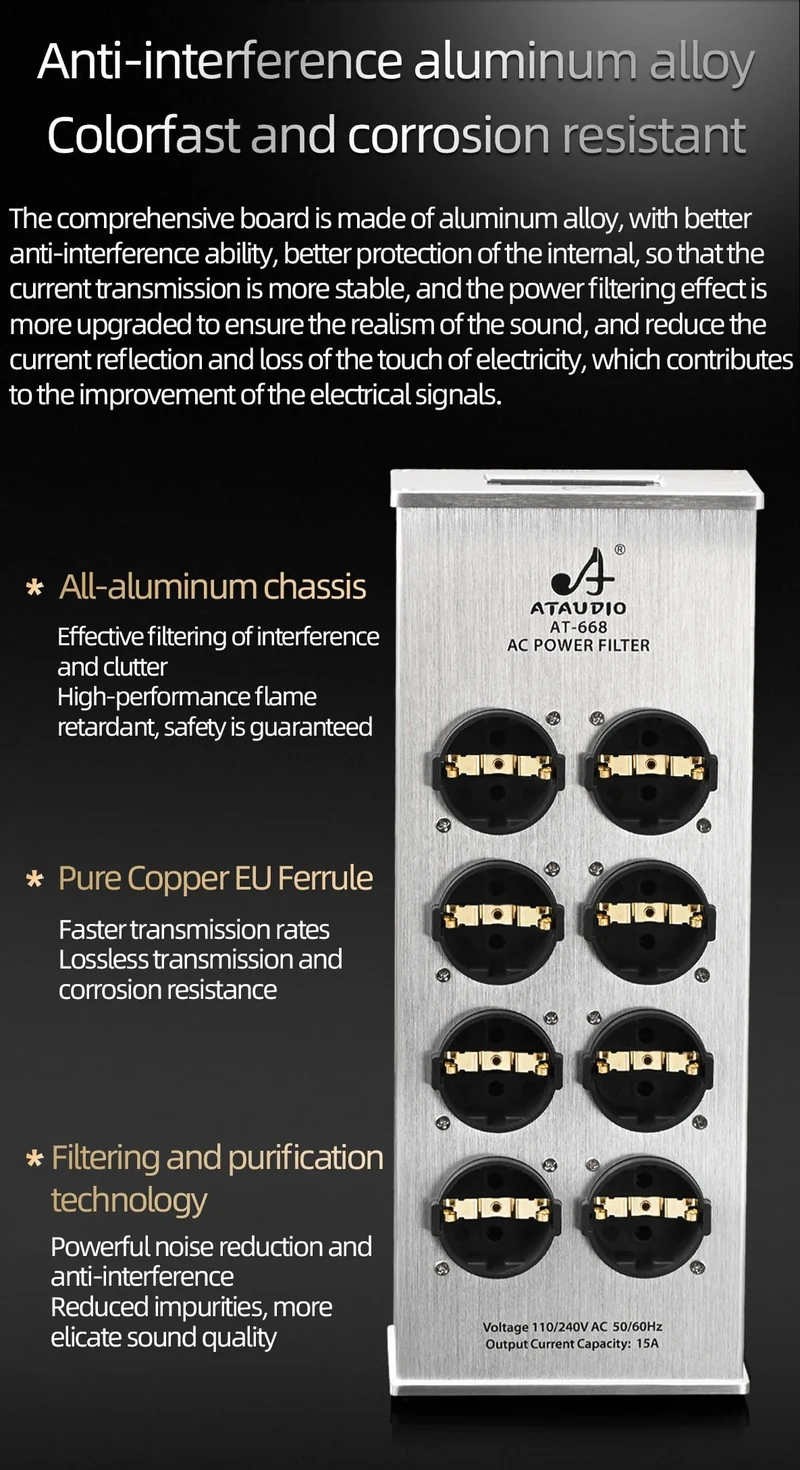 Hi-End-EU-HiFi-Netzfilter für Standard-EU-Steckdosen, rauschfreier Audio-Reinigungsfilter, Netzaufbereiter mit EU-Steckdosenleiste