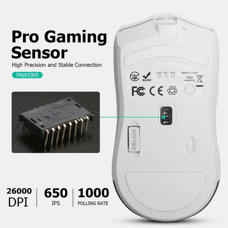 Delux M800 PAW3395 Kabellose Gaming-Maus, RGB-Licht, 26000 DPI, kabelgebunden, programmierbar, ergonomisch, wiederaufladbar, Mäuse für PC, Laptop, Gamer