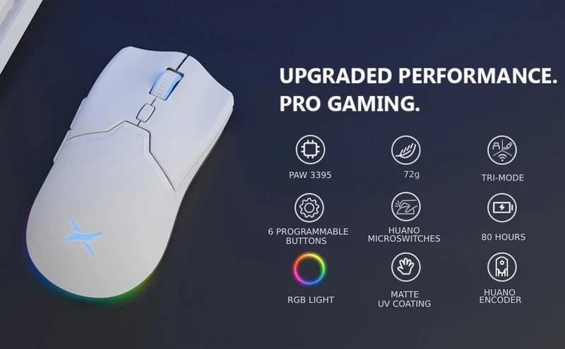 Delux M800 PAW3395 Kabellose Gaming-Maus, RGB-Licht, 26000 DPI, kabelgebunden, programmierbar, ergonomisch, wiederaufladbar, Mäuse für PC, Laptop, Gamer