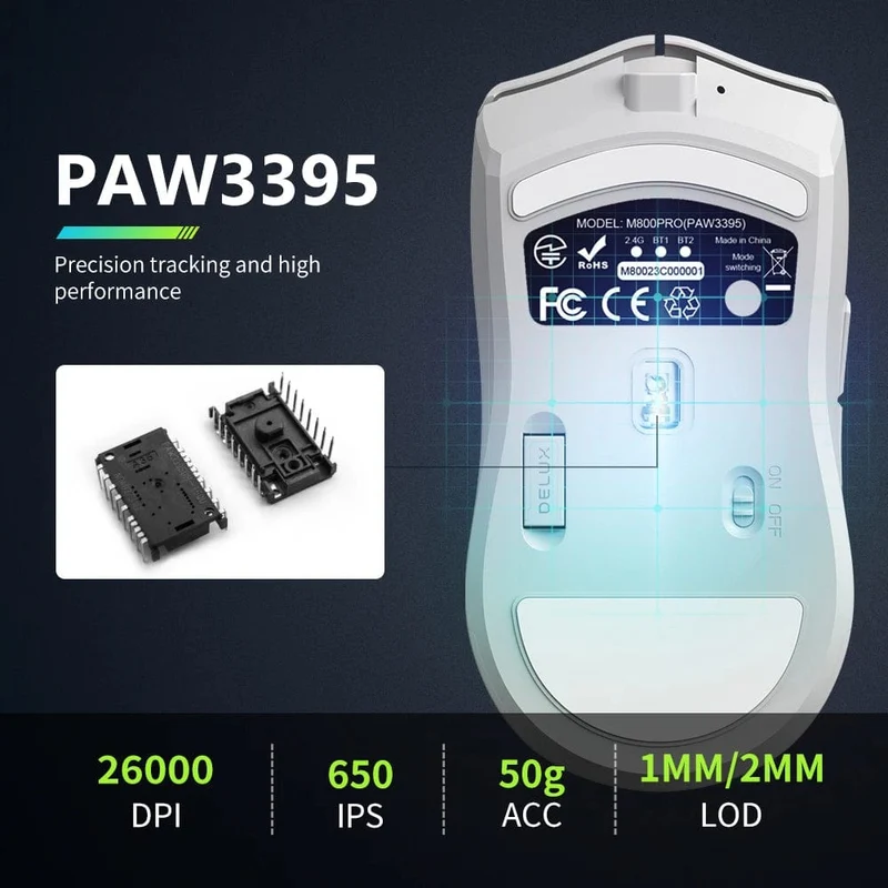 Delux M800 PAW3395 Kabellose Gaming-Maus, RGB-Licht, 26000 DPI, kabelgebunden, programmierbar, ergonomisch, wiederaufladbar, Mäuse für PC, Laptop, Gamer