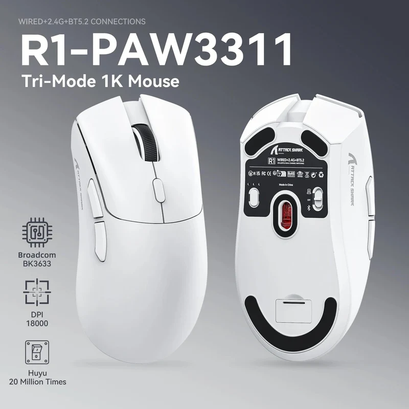 Attack Shark R1 1000Hz Bluetooth-Maus, 18000dpi, PAW3311, Tri-Mode-Verbindung, Makro-Gaming-Maus
