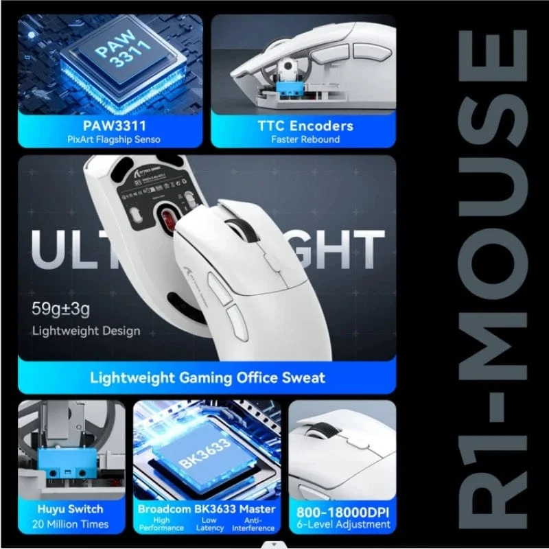 Attack Shark R1 1000Hz Bluetooth-Maus, 18000dpi, PAW3311, Tri-Mode-Verbindung, Makro-Gaming-Maus