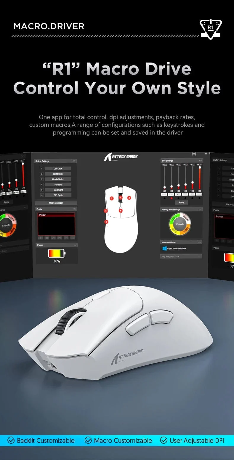 Attack Shark R1 1000Hz Bluetooth-Maus, 18000dpi, PAW3311, Tri-Mode-Verbindung, Makro-Gaming-Maus