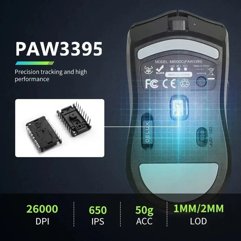 Delux M800 PRO PAW3395 Kabellose Gaming-Maus Bluetooth Tri-Mode-Verbindung 26000DPI Huano Pink Switches Makro-Mäuse für PC-Gamer