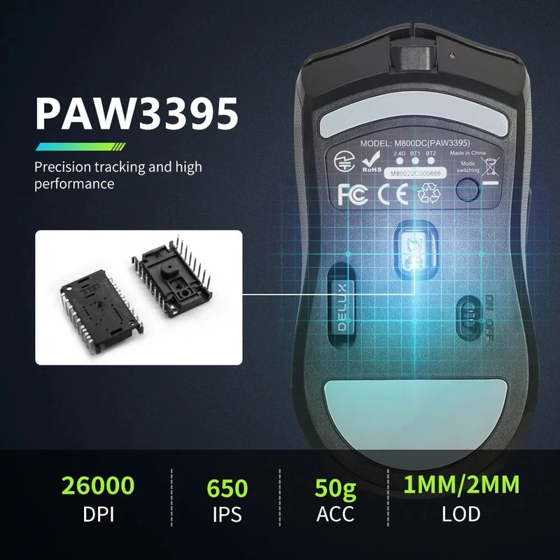Delux M800 PRO PAW3395 Kabellose Gaming-Maus Bluetooth Tri-Mode-Verbindung 26000DPI Huano Pink Switches Makro-Mäuse für PC-Gamer