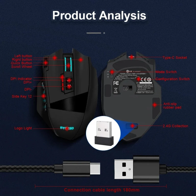 E-YOOSO X-33 RGB USB 2.4G Kabellose Gaming-Maus 16000 DPI 16 Tasten Programmierbare optische Spielmäuse für Computer PC Laptop