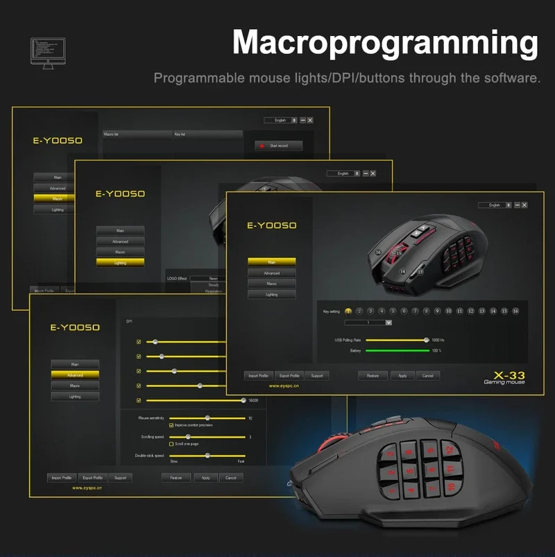 E-YOOSO X-33 RGB USB 2.4G Kabellose Gaming-Maus 16000 DPI 16 Tasten Programmierbare optische Spielmäuse für Computer PC Laptop