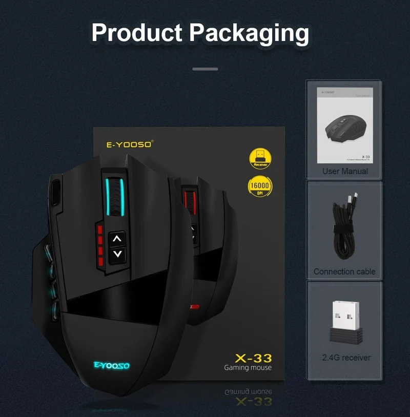 E-YOOSO X-33 RGB USB 2.4G Kabellose Gaming-Maus 16000 DPI 16 Tasten Programmierbare optische Spielmäuse für Computer PC Laptop