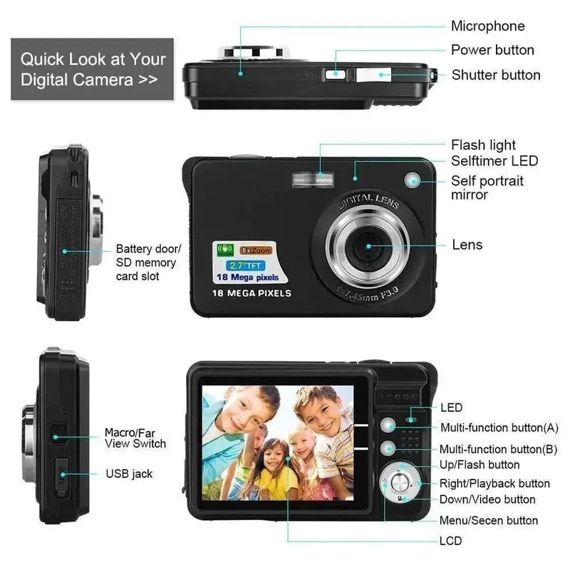 HD-Digitalkamera mit LCD-Bildschirm, Kinderkameras für den Außenbereich, Anti-Shake-Sofortbildkamera, wiederaufladbarer Fotografie-Camcorder