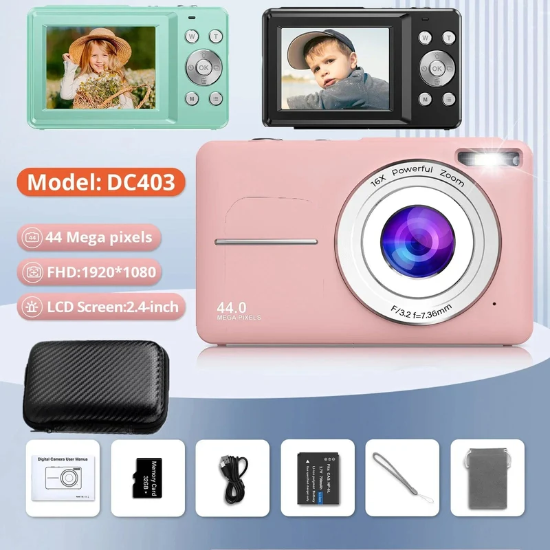 HD 1080P 2.4-Zoll-Digitalkamera Wiederaufladbare Kameras mit 16-fachem Zoom Kompaktkamera 44MP Kameras für Kinder Anfängerkamera