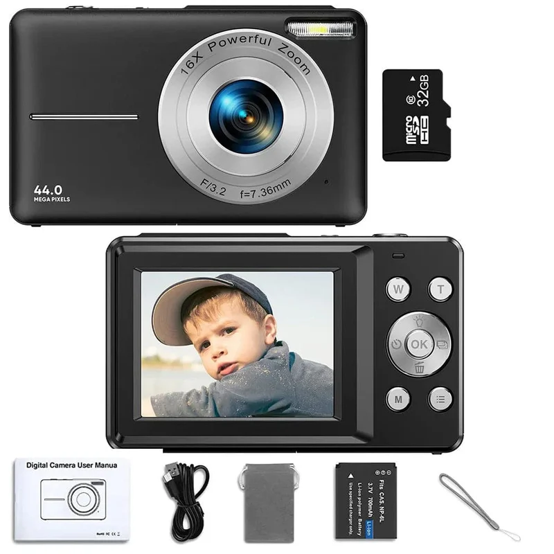 HD 1080P 2.4-Zoll-Digitalkamera Wiederaufladbare Kameras mit 16-fachem Zoom Kompaktkamera 44MP Kameras für Kinder Anfängerkamera