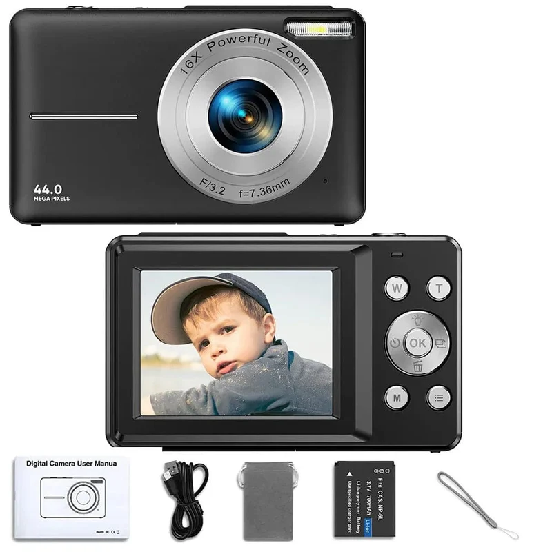 HD 1080P 2.4-Zoll-Digitalkamera Wiederaufladbare Kameras mit 16-fachem Zoom Kompaktkamera 44MP Kameras für Kinder Anfängerkamera