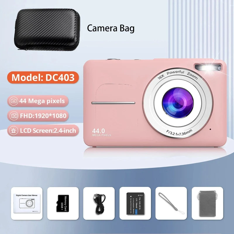 HD 1080P 2.4-Zoll-Digitalkamera Wiederaufladbare Kameras mit 16-fachem Zoom Kompaktkamera 44MP Kameras für Kinder Anfängerkamera