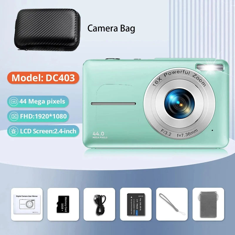 HD 1080P 2.4-Zoll-Digitalkamera Wiederaufladbare Kameras mit 16-fachem Zoom Kompaktkamera 44MP Kameras für Kinder Anfängerkamera