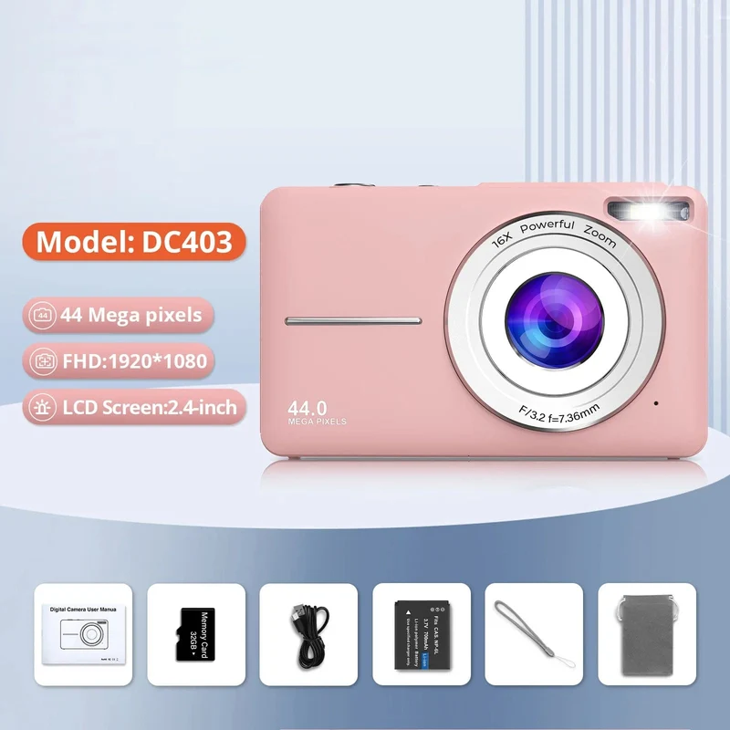 HD 1080P 2.4-Zoll-Digitalkamera Wiederaufladbare Kameras mit 16-fachem Zoom Kompaktkamera 44MP Kameras für Kinder Anfängerkamera