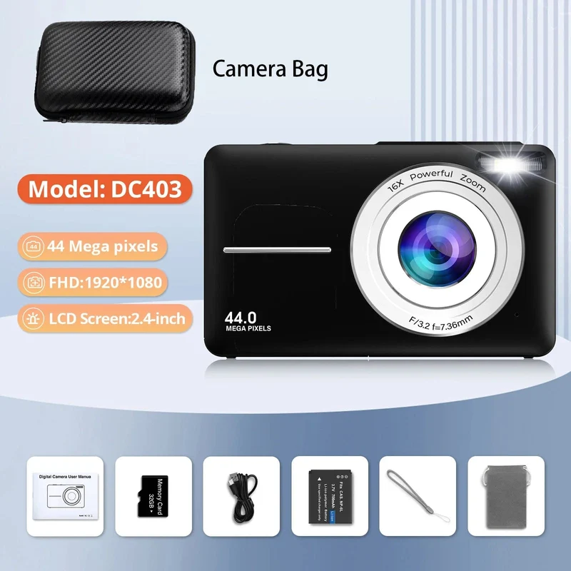 HD 1080P 2.4-Zoll-Digitalkamera Wiederaufladbare Kameras mit 16-fachem Zoom Kompaktkamera 44MP Kameras für Kinder Anfängerkamera