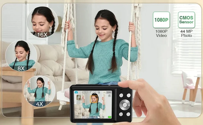 HD 1080P 2.4-Zoll-Digitalkamera Wiederaufladbare Kameras mit 16-fachem Zoom Kompaktkamera 44MP Kameras für Kinder Anfängerkamera
