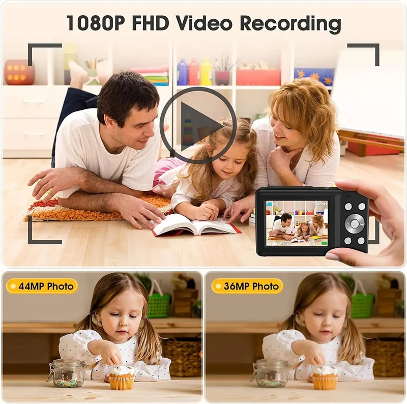 HD 1080P 2.4-Zoll-Digitalkamera Wiederaufladbare Kameras mit 16-fachem Zoom Kompaktkamera 44MP Kameras für Kinder Anfängerkamera