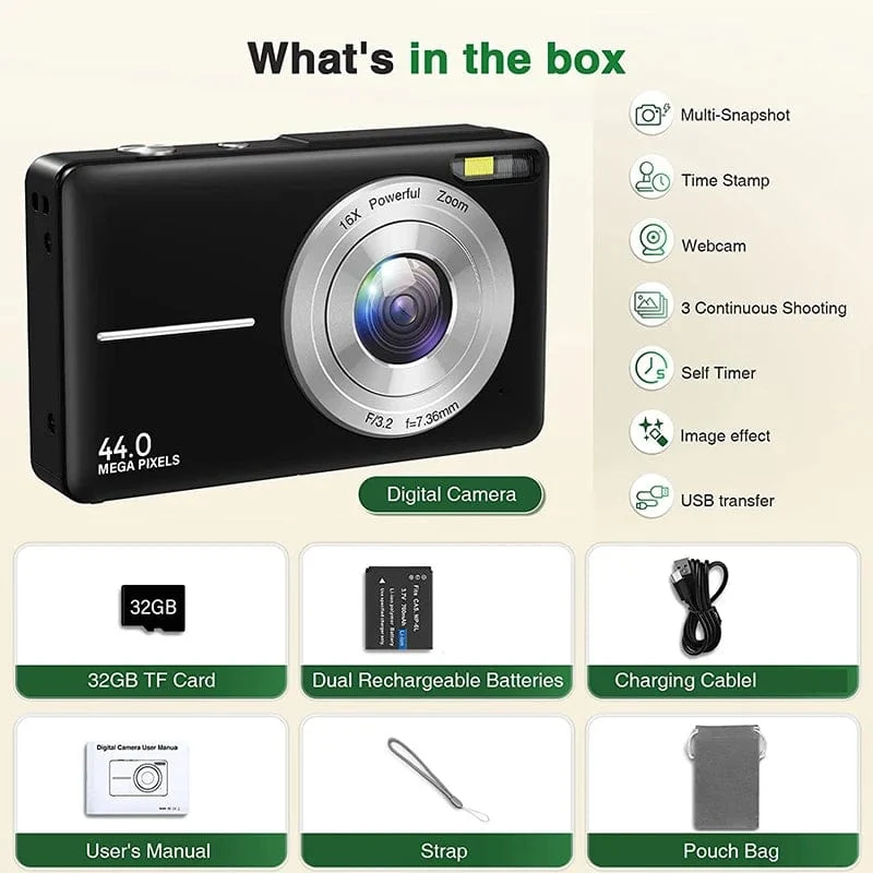 HD 2.4 zoll 1080P digital Kamera Wiederaufladbare Kameras mit 16x Zoom Kompakte Kamera 44MP Kameras für kinder Mädchen kamera digit