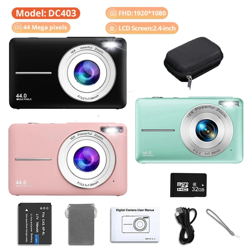 HD 1080P Digitalkamera 2.4 Zoll Wiederaufladbare Kameras mit 16-fachem Zoom Kompaktkamera 44MP Kameras für Kinder Mädchen Kamera Digit