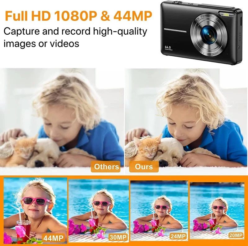 HD 1080P Digitalkamera 2.4 Zoll Wiederaufladbare Kameras mit 16-fachem Zoom Kompaktkamera 44MP Kameras für Kinder Mädchen Kamera Digit
