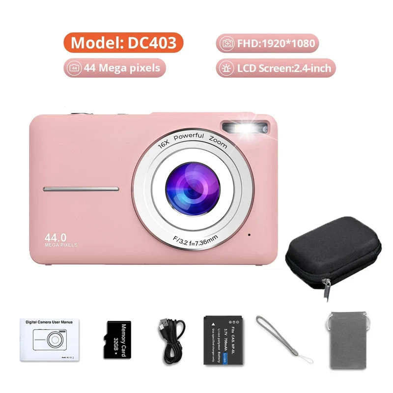 HD 1080P Digitalkamera 2.4 Zoll Wiederaufladbare Kameras mit 16-fachem Zoom Kompaktkamera 44MP Kameras für Kinder Mädchen Kamera Digit