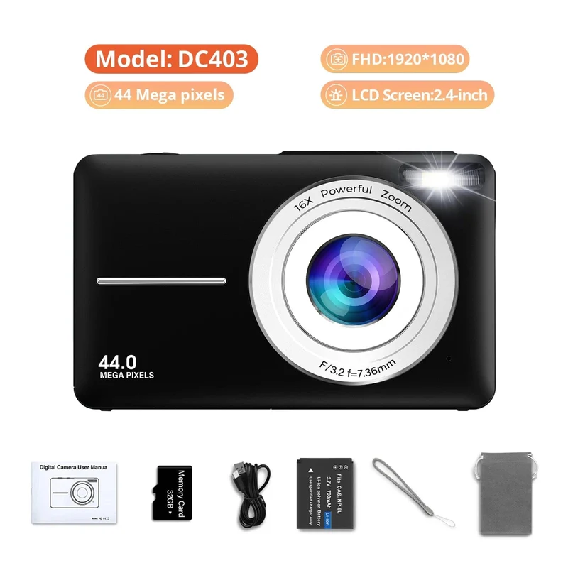 HD 1080P Digitalkamera 2.4 Zoll Wiederaufladbare Kameras mit 16-fachem Zoom Kompaktkamera 44MP Kameras für Kinder Mädchen Kamera Digit