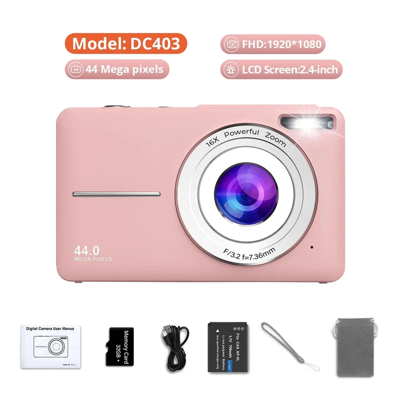 HD 1080P Digitalkamera 2.4 Zoll Wiederaufladbare Kameras mit 16-fachem Zoom Kompaktkamera 44MP Kameras für Kinder Mädchen Kamera Digit