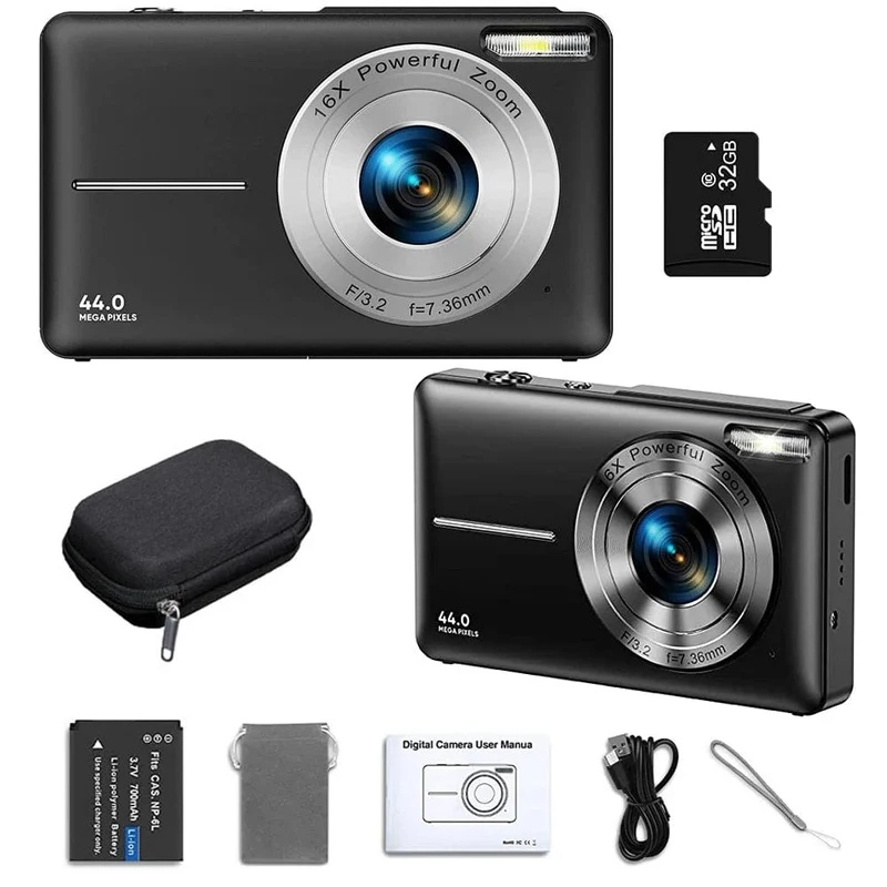 HD 1080P Digitalkamera 2.4 Zoll Wiederaufladbare Kameras mit 16-fachem Zoom Kompaktkamera 44MP Kameras für Kinder Mädchen Kamera Digit