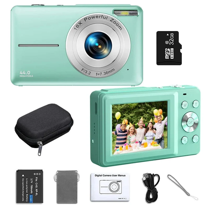 HD 1080P Digitalkamera 2.4 Zoll Wiederaufladbare Kameras mit 16-fachem Zoom Kompaktkamera 44MP Kameras für Kinder Mädchen Kamera Digit