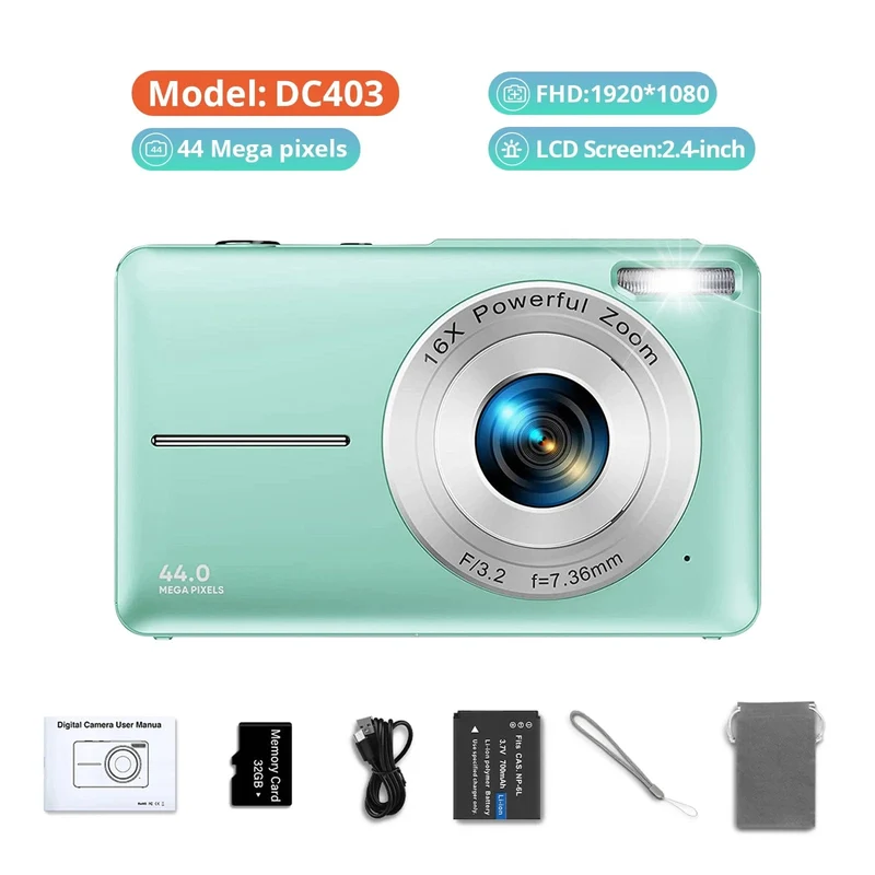 HD 1080P Digitalkamera 2.4 Zoll Wiederaufladbare Kameras mit 16-fachem Zoom Kompaktkamera 44MP Kameras für Kinder Mädchen Kamera Digit