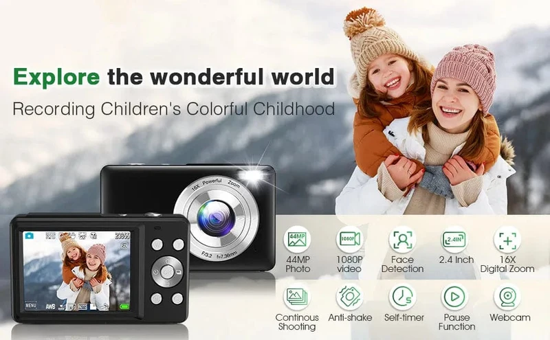 HD 1080P Digitalkamera 2.4 Zoll Wiederaufladbare Kameras mit 16-fachem Zoom Kompaktkamera 44MP Kameras für Kinder Mädchen Kamera Digit