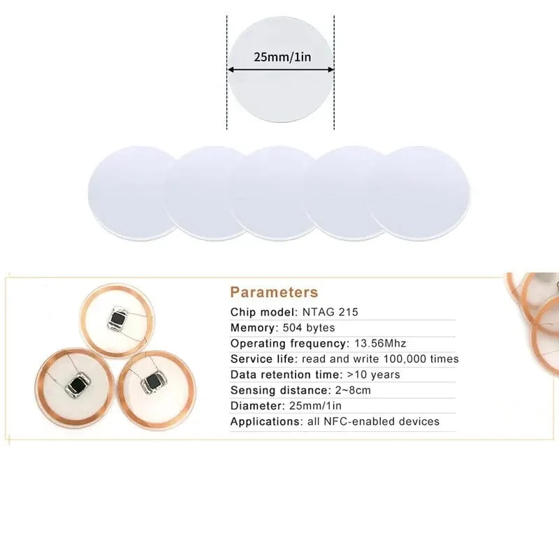 20 Stück 50 Stück 13.56 MHz Ntag215 NFC-Münzen Klebekarten Badge-Träger 504 Bytes ISO/IEC 14443 A 25 mm wasserdichtes PVC Ntag 215-Tag