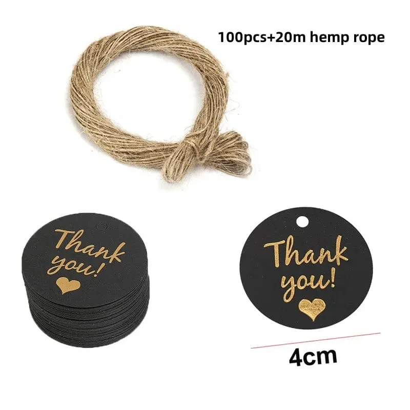 100 Stück + 20 m Hanfseil, Vergoldung, Dankeschön-Anhänger, Rindsleder, schwarz-weißer Karton, blanko, handgefertigt, DIY, Herz-Kreis-Etikett