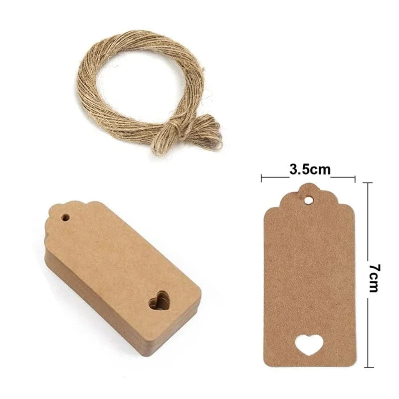 100 Stück + 20 m Hanfseil, Vergoldung, Dankeschön-Anhänger, Rindsleder, schwarz-weißer Karton, blanko, handgefertigt, DIY, Herz-Kreis-Etikett